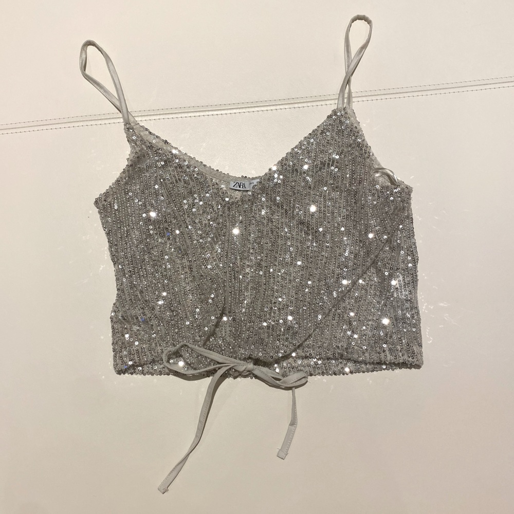 zara silver sequin evening top